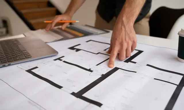 Dłoń wskazująca na plan mieszkania, obok laptop i próbki materiałów.