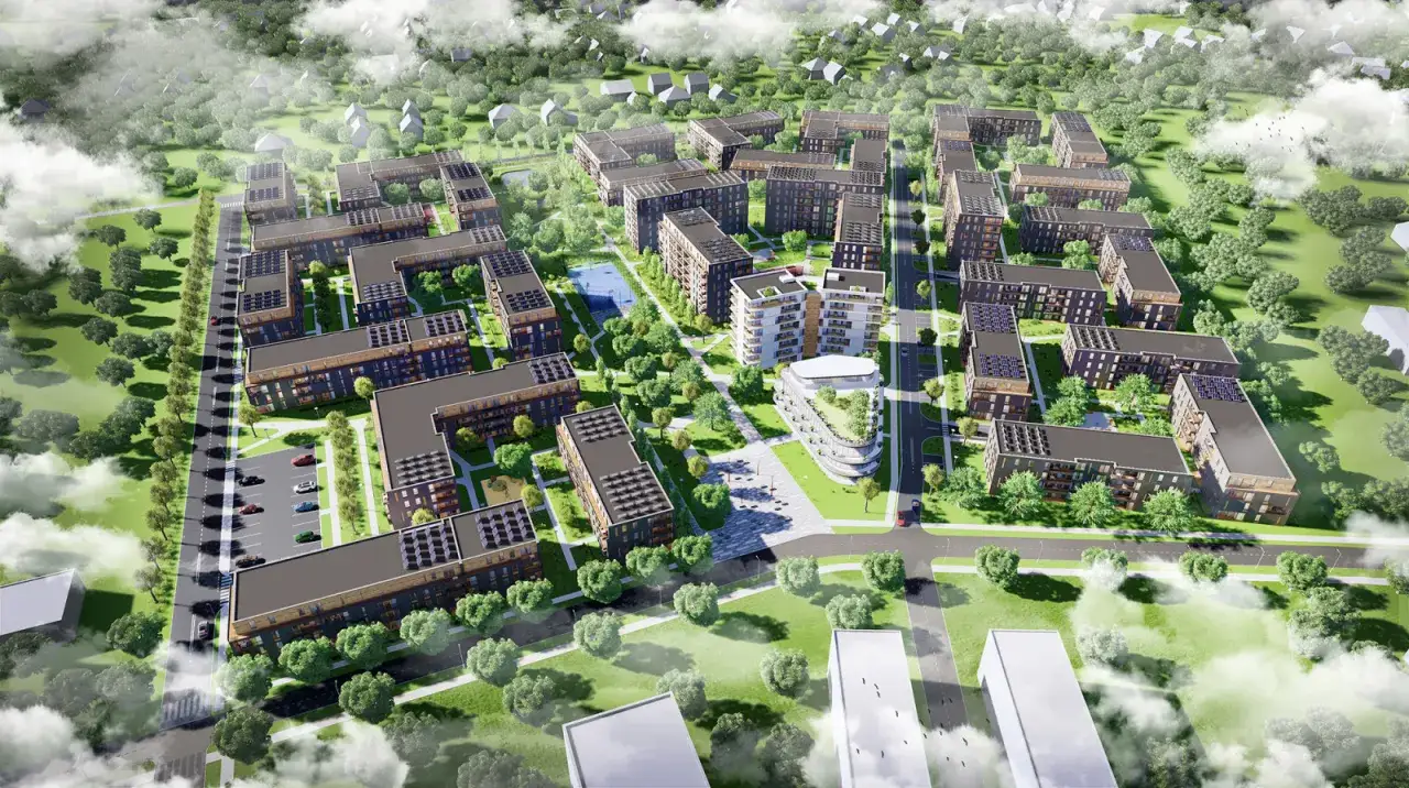 Wizualizacja pokazuje, jak zaprojektować osiedle mieszkaniowe z nowoczesnymi budynkami, zielenią i infrastrukturą.