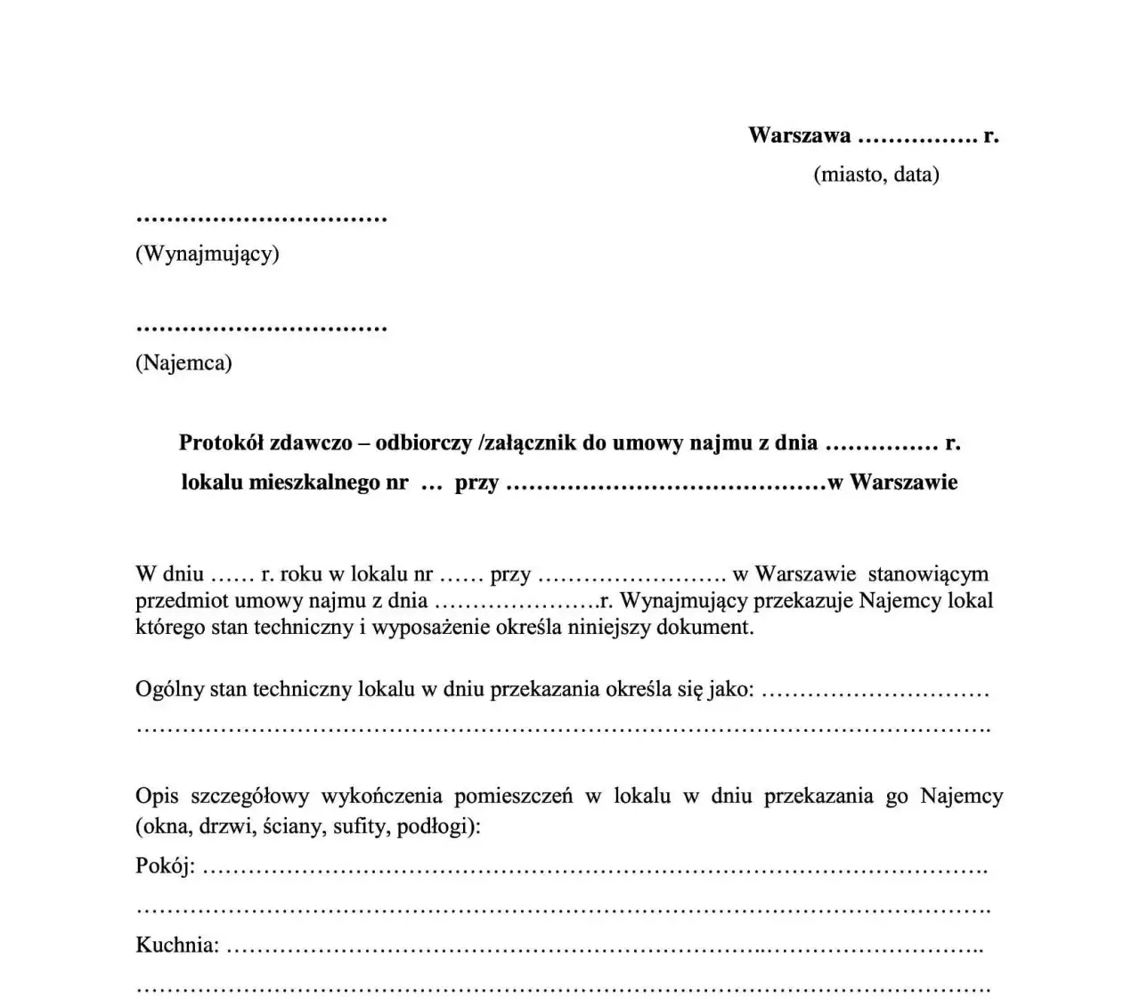 protokół zdawczo-odbiorczy mieszkania, odbiór kluczy wynajem