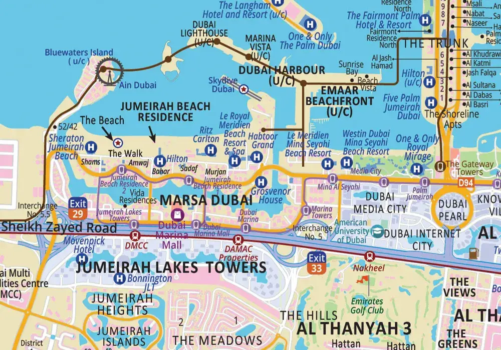 Dubai districts map or map of Dubai with highlighted residential areas