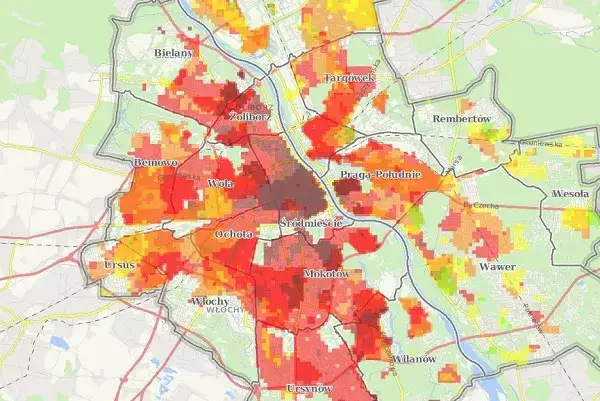 Mapa cen wynajmu miejsca parkingowego Warszawa dzielnice