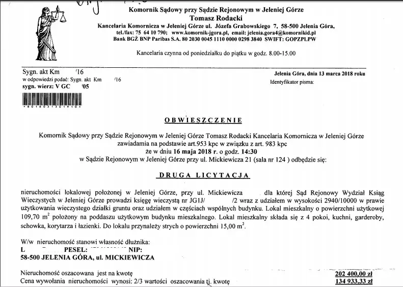 licytacja komornicza nieruchomości, obwieszczenie komornicze