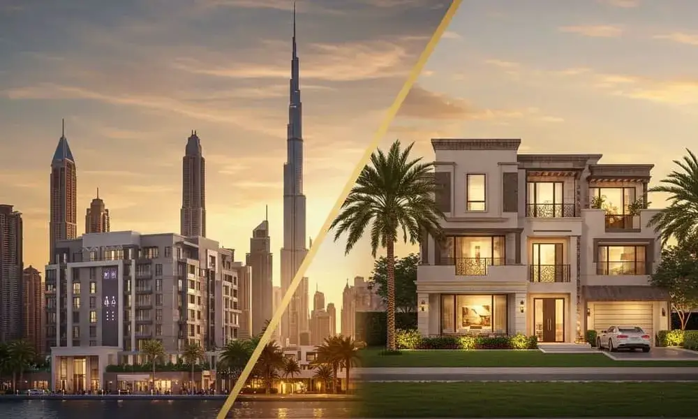 Dubai apartments price comparison or Dubai skyline with residential buildings