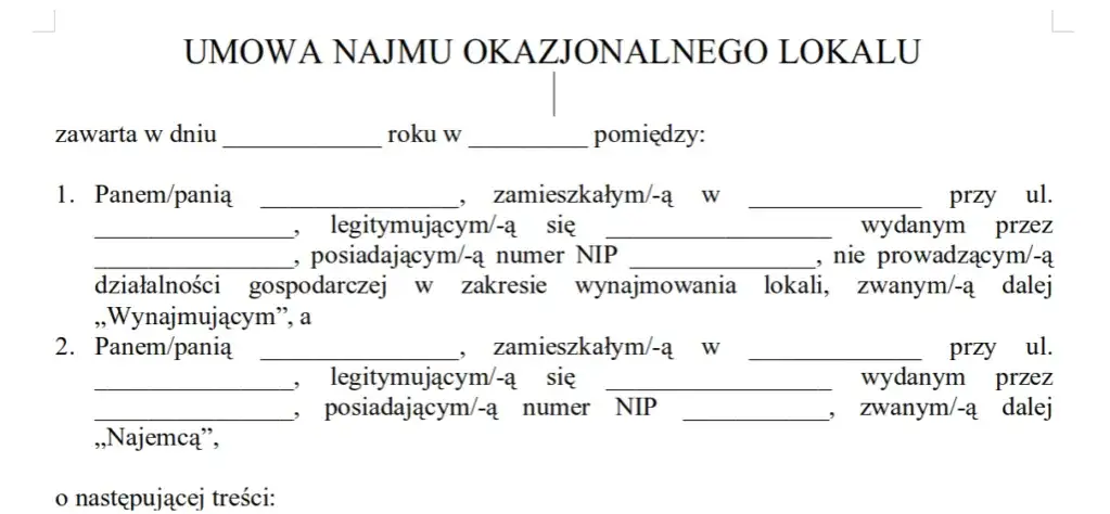 dokumenty najem okazjonalny notariusz