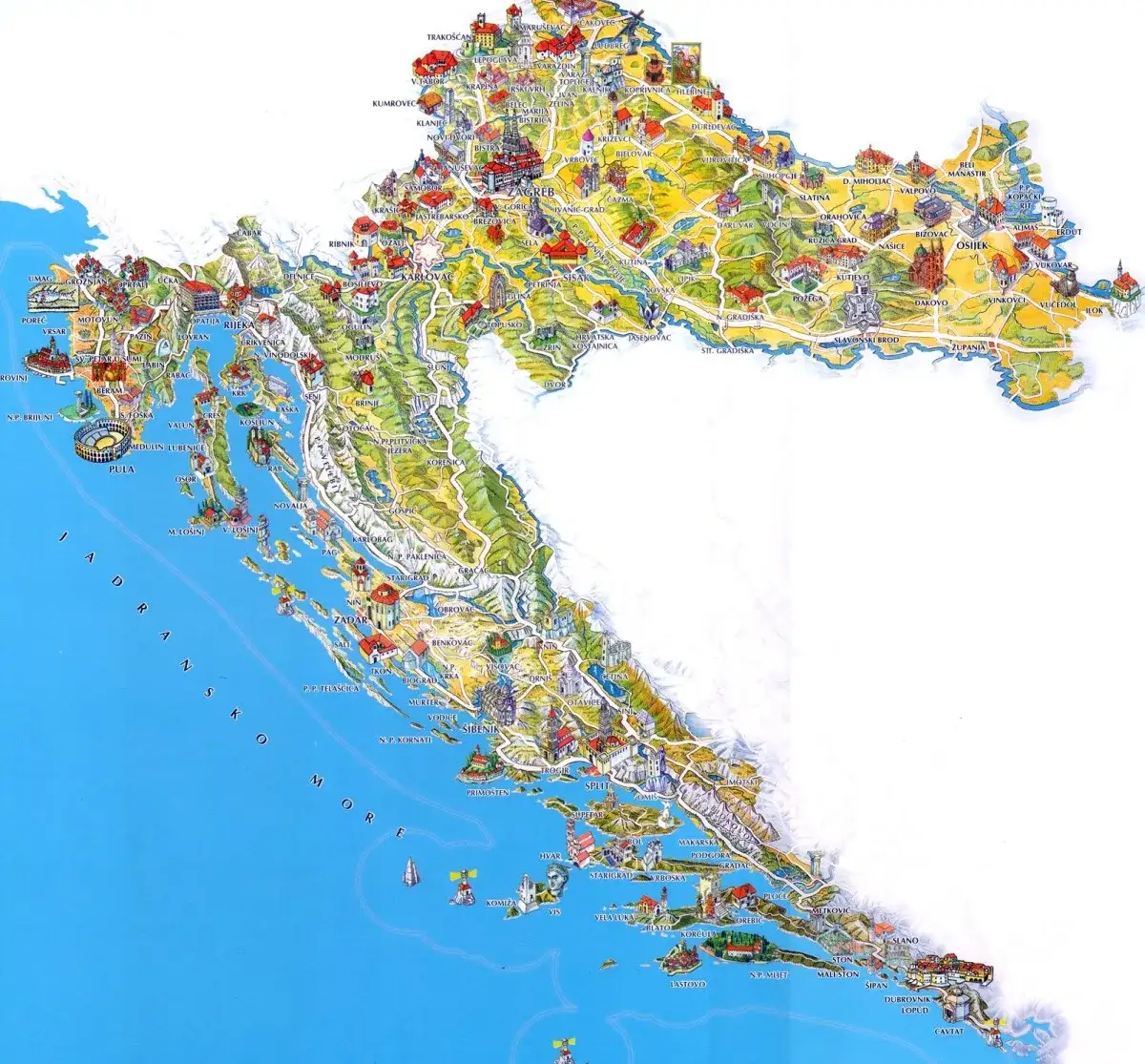 Mapa Chorwacji z zaznaczonymi miastami i średnimi cenami wynajmu